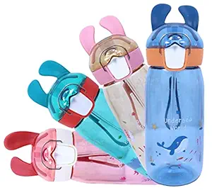 Toyshine Bunny Kids Water Bottle With Straw - Spill Proof Straw Valve, Pop Button, BPA Free Water Bottle for Kids School - Featuring Soft Silicone Handle Grip - Childrens Drinkware - 550 ML - Blue