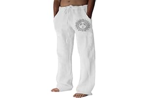 Puimentiua Pantalones Lino Hombre Verano Casual Pantalon Anchos Hombre de Lino y Algodón Transpirables Cómodos con Cordón Bolsillos Laterales Elegantes para Vacaciones Playa