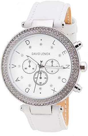 David Lenox silver tone women's watch with white leather strap Michael Kors style DL0236