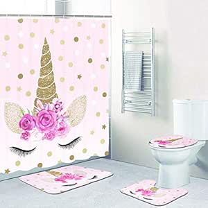 Toilet Lid Cover And Bath Mat Romeooera 2 Piece Unicorn Shower Curtain Sets With Non Slip Rugs Pink Unicorn Shower Curtain With 12 Hooks For Girl Kids Bathroom Shower Curtain Sets