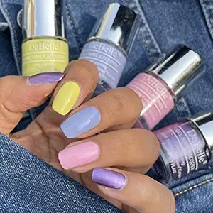 DeBelle Gel Nail Lacquers Combo set of 4 - Fiery Melon Skittles (Lemon Tart, Cherry Macaron , blueberry bliss, Chrome Wine), 8ml each Gift for girls