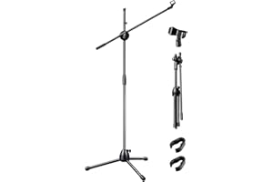 CROWNSHOP Microphone Stand 82-139cm with Telescopic Boom Adjustable and Portable Collapsible Studio Holder with Tripod Base Mic Clip Adapter for Musicians Parties and Stages