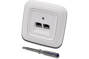 EBROM SET IDEE Busch Jäger, Rutenbeck Unterputz Netzwerkdose Ethernet 10 Gigabit/S (10GbE) KAT6A 6A - 2x RJ45 Anschluss in ReflexSi alpinweiß Rahmen und UAE Abdeckung inkl. EBROM Phasenprüfer zur Montage des Geräts