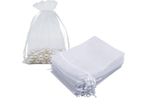 HRX Package White Organza Gift Bags 13x18 cm 100pcs, Mesh Jewelry Pouches Drawstring Bags Empty Sachet for Christmas Candy Present Wedding Giveaways
