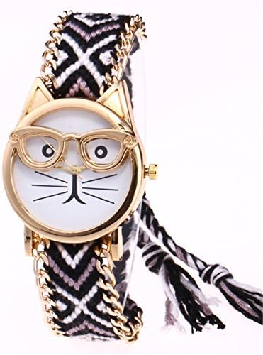 Womens Rose Flower Design Pendant Faux Pearl Bead Round Dial Analog Quartz Bracelet Wrist Watch (Black)