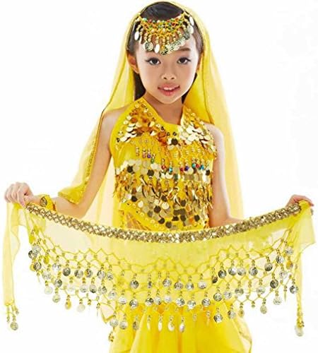 3 Rows Kids Black Belly Dance Belt Costumes Hip Scarf Skirt Wrap Belt with Coins for Children (yellow)