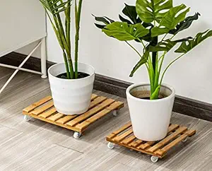 Weston Crafts Planter Caddies,2 Pack Wood Plant Caddy Heavy Duty, 12 inch Square Plant Stand with Wheels, Indoor Outdoor on Roller Patio/Flower Pot