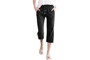 CHNNAMZU Pantacourt Lin Femme Ete Fluide DéContracté Taille Elastique LéGer avec Poches Grande Taille Ample Pantalon De Jogging à Cordon Couleur Unie 3/4 Pantacourt Confortable Pants de Plage