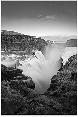 Gulfoss Fall Canvas Iceland Black White Portrait Wall Art Picture Home Decor Living Room Bathroom Art Bedroom Kitchen Picture Single Panel (12" x 18" (30 cm x 46 cm))