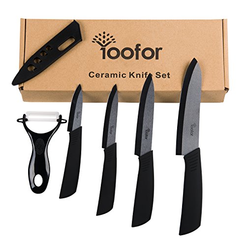 Keramikmesser set,Yoofor Hochwertiges Keramikmesser mit Griff in hohem Druck, Set 5-teilig Keramik Küchenmesser mit Schutzhülle zum Schneiden Obst &Gemüse & Fleisch – Schwarz - 2