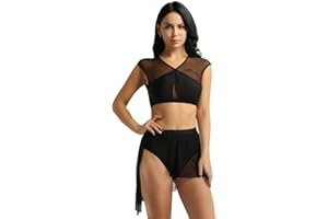 IEFIEL Robe de Danse Lyrique Ballet Femme Justaucorps Gymnastique Danse Classique Ensemble Haut et Jupe Patinage Robe Danse Contemporain 2 Pièces
