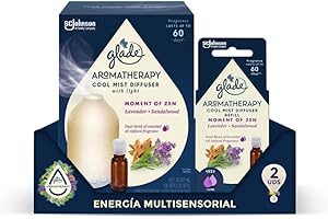 Glade Aromatherapy, Difusor de aceites esenciales, fragancia Moment of Zen, Lavanda & Sandalwood, difusor y recambio, con USB y luz regulable. Difusor + 2 Recambios