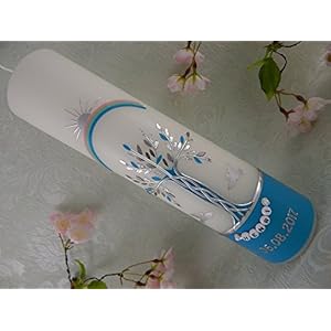 Taufkerze handverziert Lebensbaum blau silber mit Tauben Taufkerzen für Jungen 300/70 mm mit Name und Datum