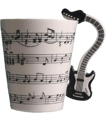 Musik Kaffeetasse Mit Klarinette-Henkel | 280 Ml Keramik | Schwarz Mit Noten-Motiv | Spülmaschinenfest & Mikrowellengeeignet