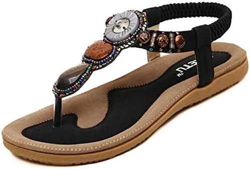 Hattie Women's Bohemian T-Strap Sandles Summer Beach Beaded Flip Flops Big Size (UK 9(Asia 45), Black-A)