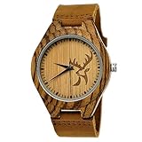 Handgefertigte Holzwerk Germany ® Designer Hirsch Öko Unisex Damen-Uhr Herren-Uhr Öko Natur Holz-Uhr Leder Armband-Uhr Analog Klassisch Quarz-Uhr in Braun mit Hirschmotiv