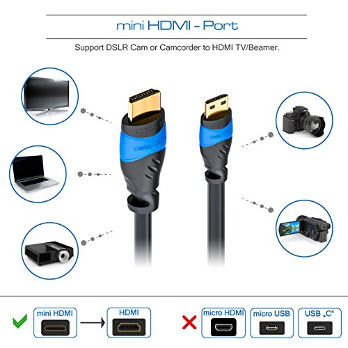 deleyCON 5m mini HDMI Kabel HDMI 2.0 / 1.4a kompatibel High Speed mit Ethernet (Neuster Standard) ARC 3D 4K Ultra HD (1080p/2160p) - 5