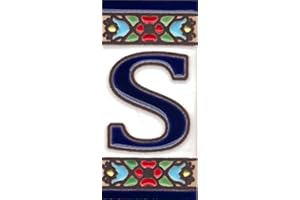 TORO DEL ORO Números para casas. Números y Letras en cerámica esmaltada, Pintados a Mano con la técnica de la cuerda seca. Nombres y direcciones. Modelo Mini Flor Azul 3,5 cms x 7,5 cms (Letra "S")