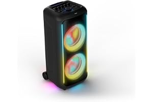TAX5000E Bluetooth-partyhögtalare 200 W Max, bas+, Lightshow, 14 timmars batteri, TWS och Auracast, mikrofon-/gitarringångar, IPX4 stänksäker, USB, AUX, appkontroll, hjul och handtag