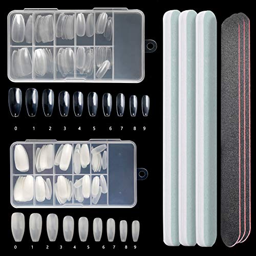 200 PCS Acrylic Nail Tips, Clear and Natural Artificial Ballerina Shape Falses Nails Tips Long Oval Coffin Fakes Nails Full Cover with 3 Nail Files & 3 Nail Buffer Files and Storage Box