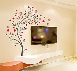 Decals Design 'Beautiful Magic Tree with Flowers' Wall Sticker (PVC Vinyl, 50 cm x 70 cm, Brown and Red)