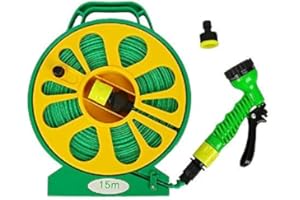 Wowsubli 50FT Flat Hose Pipe & Reel with 7 Modes Spray Nozzle Gun Outdoor Plants Watering (Green+Yellow)