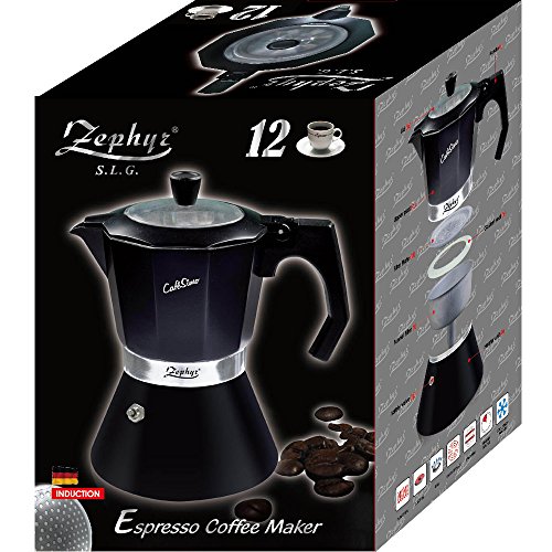 ZEPHYR Z-1173-DI12 CafeSimo 12 Tassen Italienisch Aluminium Espresso Kaffeemaschine Herd Oben Induktion mit Anti-Kalk-Function 600 ml, 0,6 L schwarz - 2