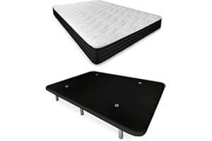 DUÉRMETE ONLINE Cama Completa con Colchón Pocket Visco Reversible + Base Tapizada Reforzada Color Negro con 6 Patas, Madera, 135 x 190