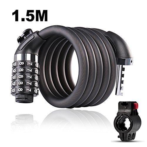Candado de Bicicleta Seguridad Candado de Cable 5 Dígitos Combinación Bloqueo Antirrobo para bicicleta Moto Ciclismo Scooter Rejas Garaje (1.5M)