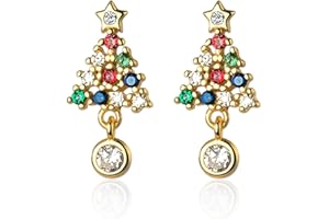 UZEXYO Christmas Tree Earrings Dainty Gold Plated Studs for Women Sparkly Crystal Dangle Festive Holiday Jewelry Gift for Girls