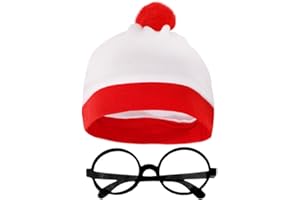 Dreamzfit - Adult Unisex Red White Bobble Hat & Nerd Glasses Find Me Book Character Accessory World Book Week Day Fancy Dress Costume
