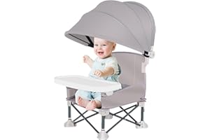 AUFQUWK Trona Para Bebé, Silla De Comedor Plegable Con Asiento Elevador, Portátil Para Playa Con Bandeja Extraíble Y Sombrilla, De Viaje Para Alimentación