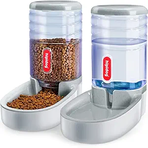 Happycat Pets Gravity Food and Water Dispenser Set,Small & Big Dogs and Cats Automatic Food and Water Feeder Set,Double Bowl Design for Small and Big Pets (Gray)