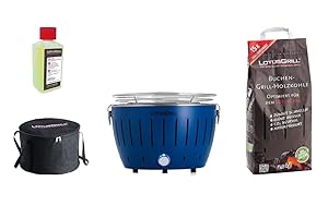 LotusGrill S Blu Starter-Set, 1 griglia, 1 carbone di faggio da 2,5 kg, 1 pasta combustibile da 200 ml, 1 borsa per il trasporto (Blue)