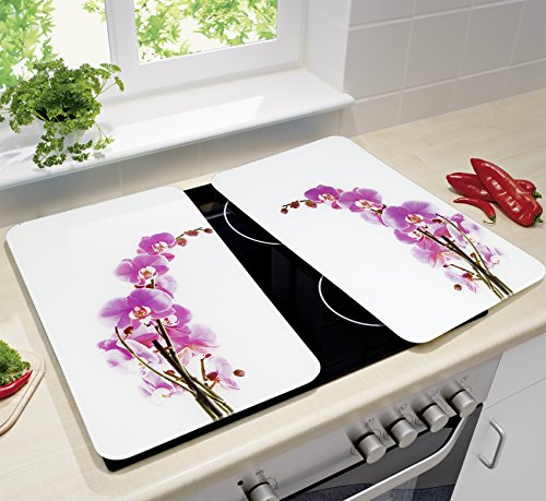 WENKO 2542433500 Herdabdeckplatte Orchideenblüte – 2er Set, für den Glaskeramik-Herd, Gehärtetes Glas, 30 x 1.8 x 52 cm, Mehrfarbig - 2