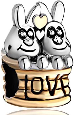 Silver Plated Cute Double Rabbits Love European Animal Lover Bead Charm Fits Pandora Charms Bracelet by CharmingJewelry