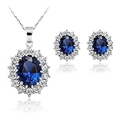 Stayeal Women Princess Blue Sapphire Pendant Necklace Earrings Set