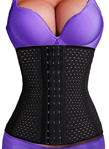 FLYCHEN Women's Waist Trainer Lingerie Cincher Elastic Steel Bones Corset Black UK 10-12(L)