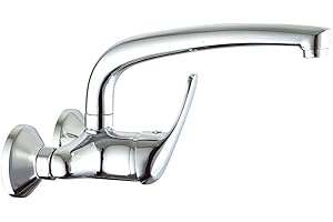 OXEN Kibath Grifo monomando de cocina fregadero BAT de pared con caño largo giratorio, Fabricado en latón con acabados en cromo brillo, Distancia entre las tomas de 11 cm, Repuestos garantizados