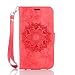 Produktbild Lonchee Samsung Galaxy J3 Wallet Tasche Brieftasche Schutzhülle ,Mandala Blumenmuster geprägt Muster Design Hochwertige PU Leder Folio Tasche Case Hülle im Bookstyle mit Standfunktion Kredit Kartenfächer (rot)