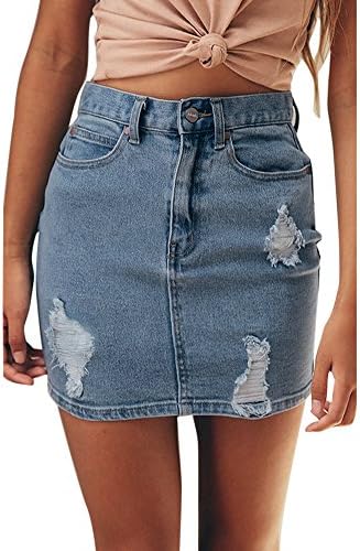 WSSB Dress Skirt Women Blue Denim Jeans Solid Casual Hole Summer Button Short Mini Skirt (M)
