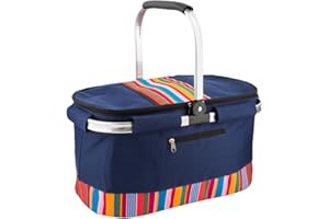 HOMESHOPA.COM HOMESHOPA 35 Litre Insulated Picnic Basket With Lid, Red Multi Stripe Foldable Thermal Cooler Bag Hard Liner, Upright Standing Box for Outdoor Camping, Travel, Portable & Collapsible Shopping Hamper