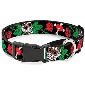 Buckle-Down Sugar Skull with Roses & Heart Martingale Dog Collar, 1.5