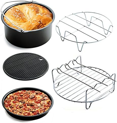 WenX 5 Pieces Universal AirFryer Hot Air Fryer Accessories Pack Kitchen Accessories Kit Fit 3L and above - baking pan, pizza pan, grill with 3 skewers, metal holder, silicone mat
