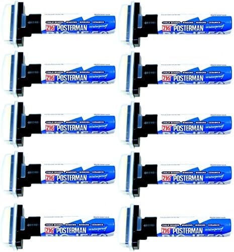 Zig Kuretake Posterman Black Biggie 50 (50mm) Nib Tip Liquid Chalk Marker Pens Waterproof Blackboard Whiteboard Outdoor Glass Metal Plastic Wood Paper Thick Jumbo (Pack Of 10)