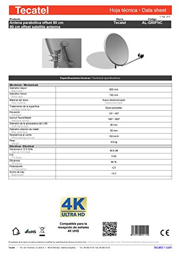 Tecatel E80C1LSCCK1-37 - Kit parabólica de 80 cm (Soporte, LNB Universal, Cable, Conectores, Grapas, Bridas y buscador), Color Blanco