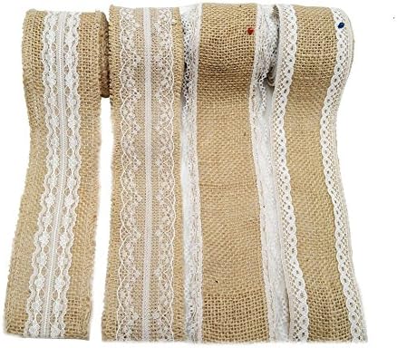 Jute Fabric Hessian Burlap Rolls Ribbon with Lace 4 pcs,1.96in * 78.74 in