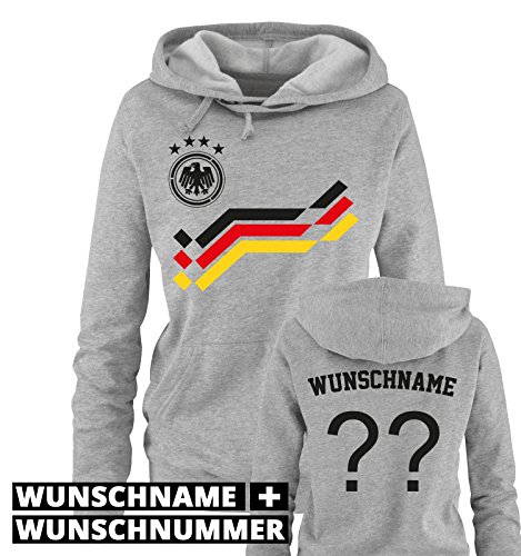 EM 2016 – RETRO-TRIKOT – WUNSCHDRUCK – Damen Hoodie – Grau / Schwarz-Rot-Gelb Gr. L