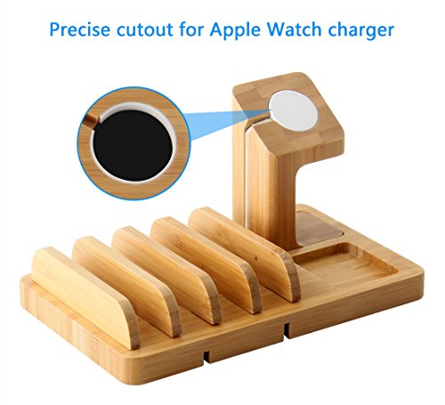 Supporto Apple Watch, IPUTY Bamboo Wood Supporto dock per Apple Watch Series (38mm e 42mm), 5-Slot Staccabile Universal Cradle Station Organizer per iPhone, iPad, Tablet o altri Smartphone