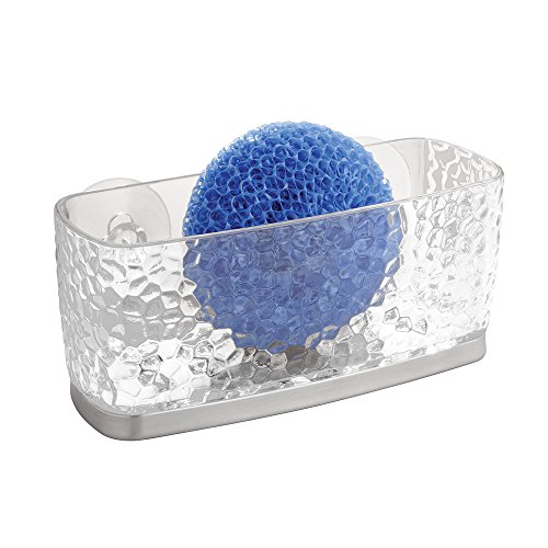 mDesign Halter für die Küchenspüle mit Saugnapf für Schwamm, Topfschwamm, Stöpsel - Durchsichtig/Edelstahl